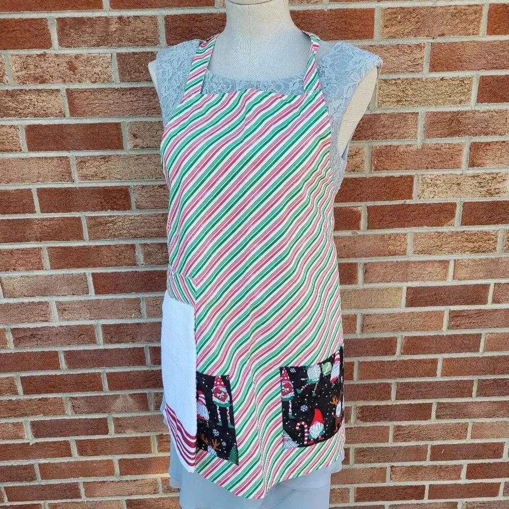 Handcrafted Full Apron with Towel Christmas Gnome and Candy Cane Stripes